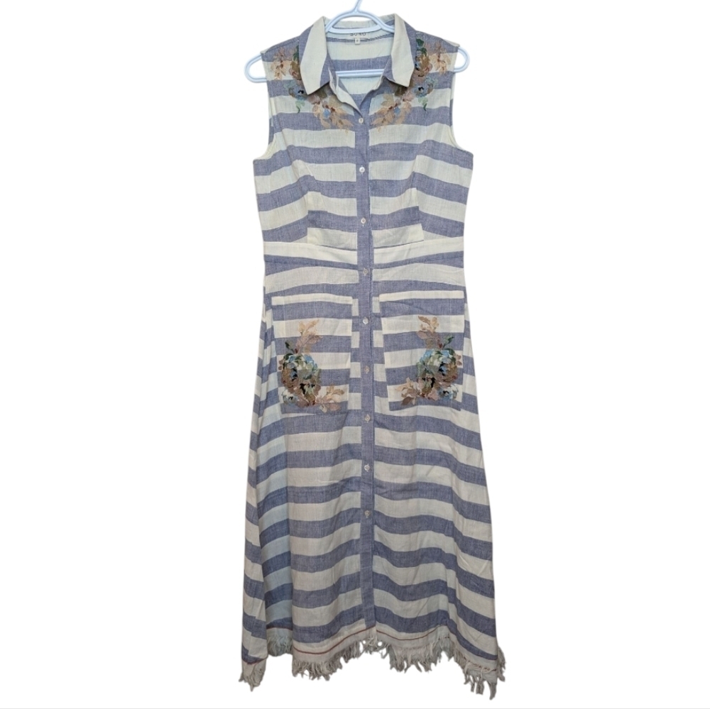 Blue Striped Floral Embroidered Midi Dress w Pockets Size 10 SUNO